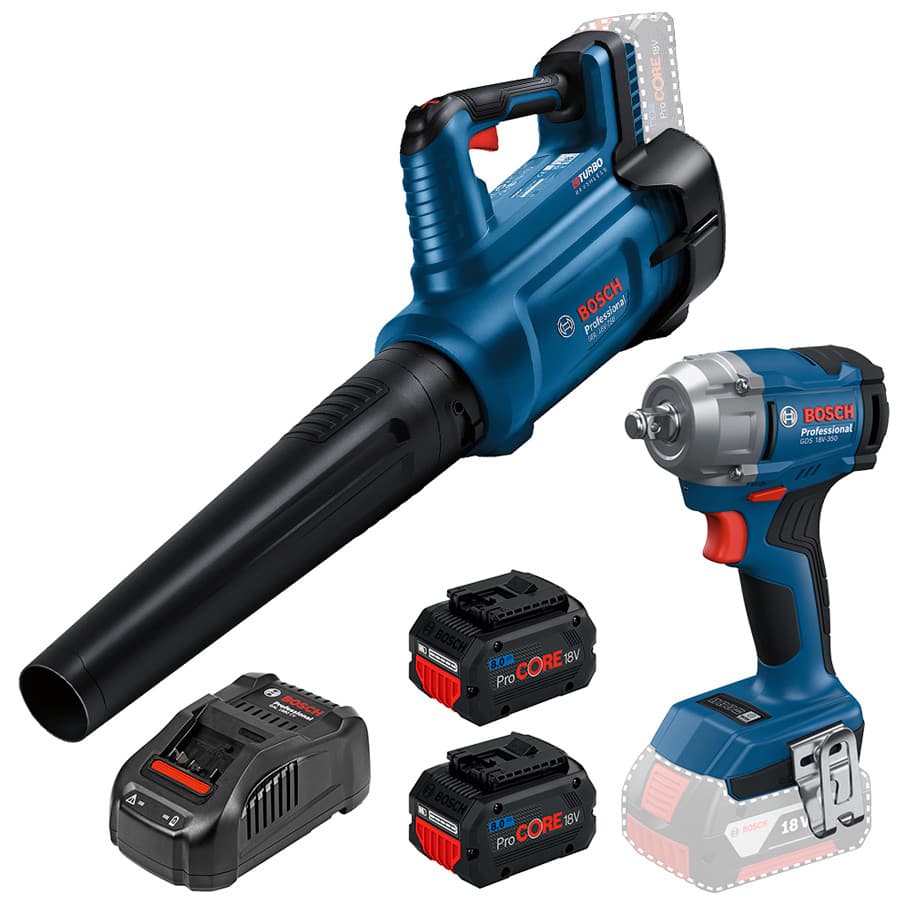 Kit Soprador Folhas GBL 18V-750 + Chave Impacto 1/2" GDS 18V-350 + 2 Baterias 18V 8Ah ProCORE + Carregador Rápido Bosch
