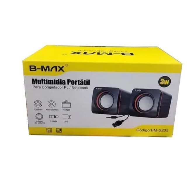 Caixa de som B - MAX BM - S205 compatível com computadores pessoais (PC) e notebooks, oferece som potente.