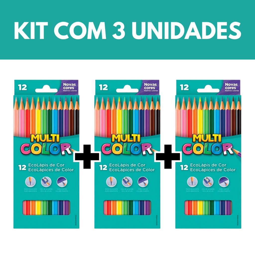 Kit 3 Lápis de cor caixa com 12 Cores Multicolor-ORIGINAL