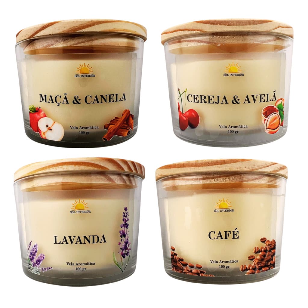 Kit 4 Velas Aromáticas Sensações & Conforto Cera de Coco, Lavanda, Café, Cereja e Maça e Canela
