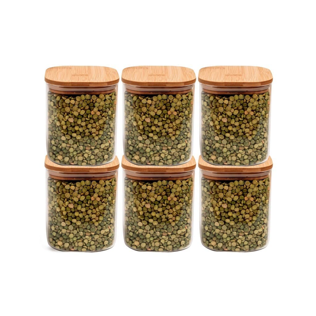 Kit 6 Pote Porta Condimentos Mantimentos Quadrado Design Sofisticado Tampa De Bambu Hermético 700ml