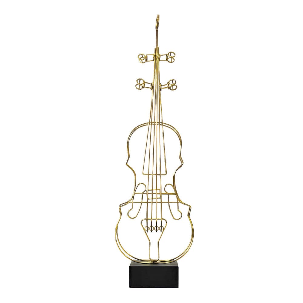 Escultura Violino Dour Pedestal em Metal Dourado 69x20cm