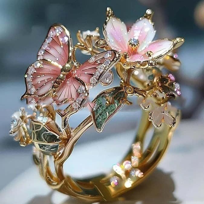 Óleo requintado de diamante brilhante europeu e americano flor borboleta senhora abertura anel rosa