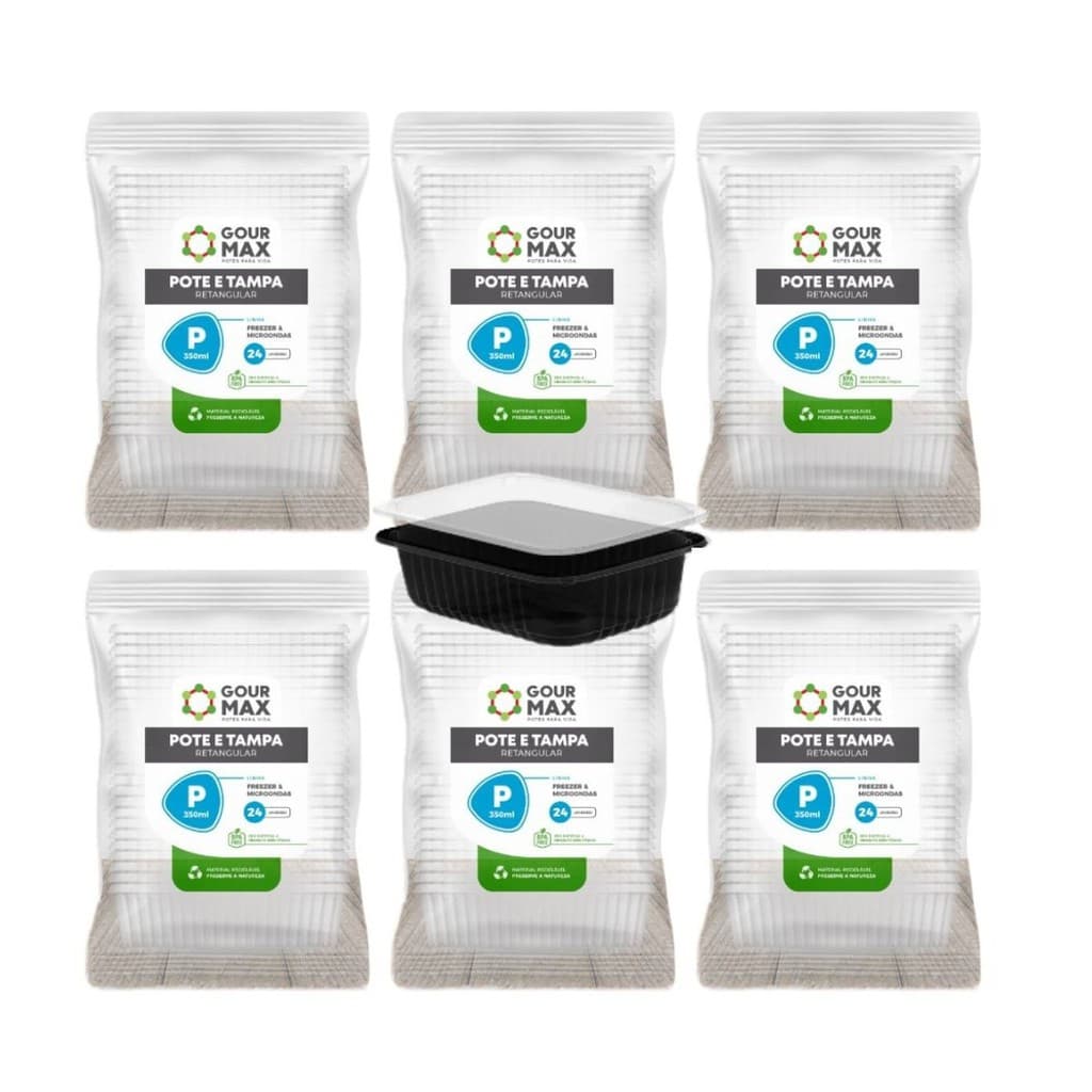 Kit Pote Preto C/ 144un 350ml Descartável Marmita Fitness Freezer Microondas Retangular