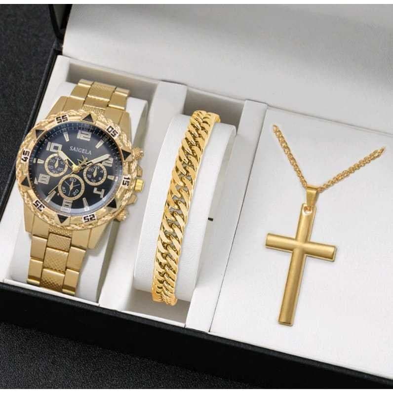 Relógios Masculino Dourado Conjunto com Corrente e Pulseira Grossa RN0005