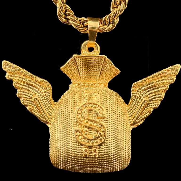 Colar Masculino Ouro 18K com Pingente Bolsa de Dinheiro: Wings Money, Asas de Anjo e Dólar