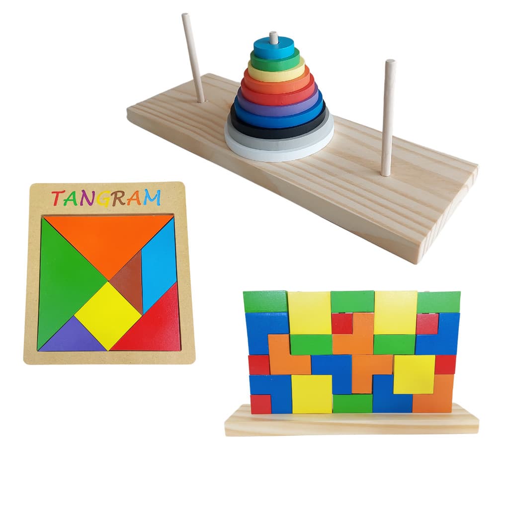 Brinquedos Educativos em Madeira Torre de Hanói, Tangram e Tetris Vertical