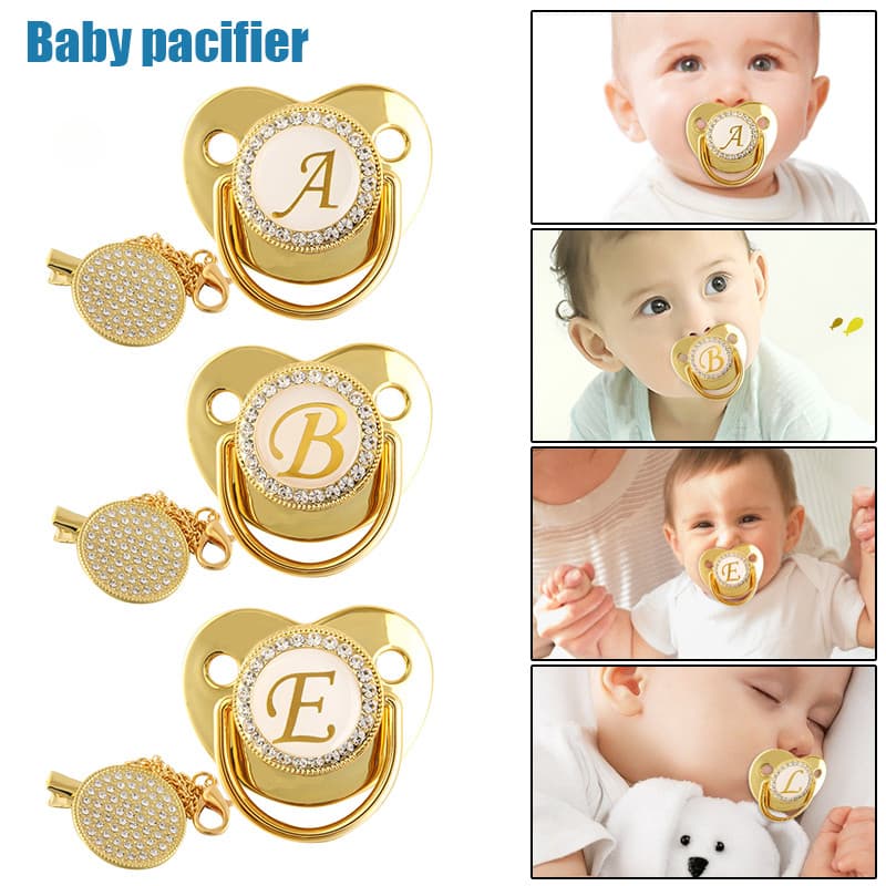 26 Carta Inicial Baby Pacifier E Clipes BPA Mamilo De Silicone Livre Ouro Para Bebês Recém-Nascidos Chupeta