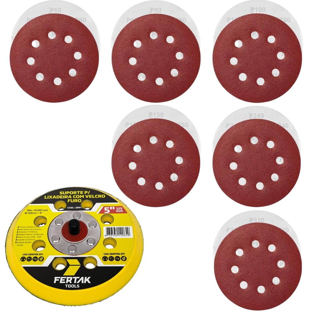 Kit Suporte para Disco de Lixa Aderente 125mm 8 Furos com Jogo 30 Discos de Lixa Orbital Madeira Metal Pintura