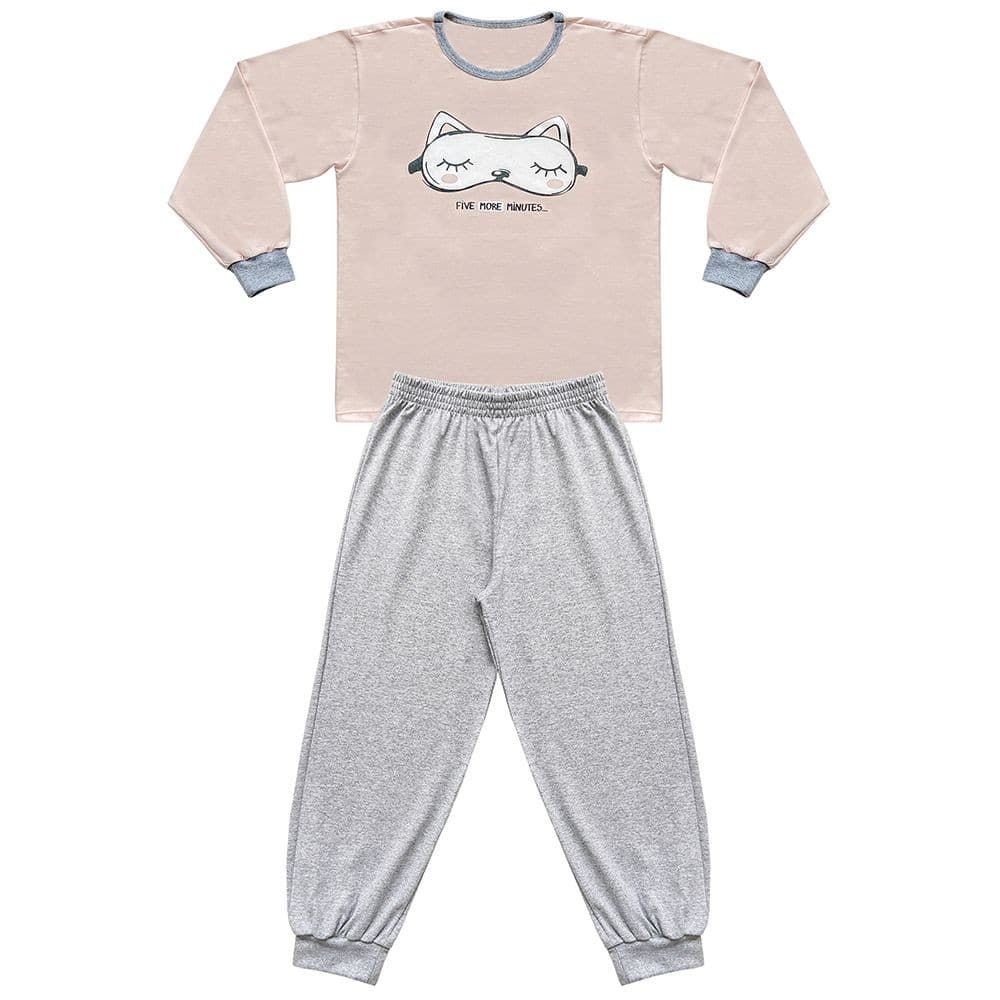 Pijama Juvenil Look Jeans Longo Gato Rosa/Mescla