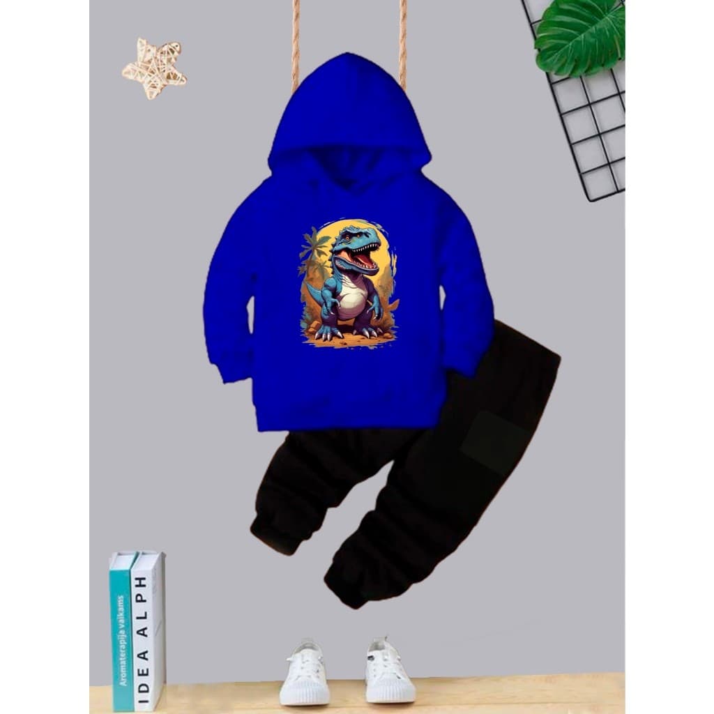 Conjunto Moletom Infantil Blusa + Calça Menino Inverno Flanelado Com Estampa Divertida Dino Azul Capuz e Bolso