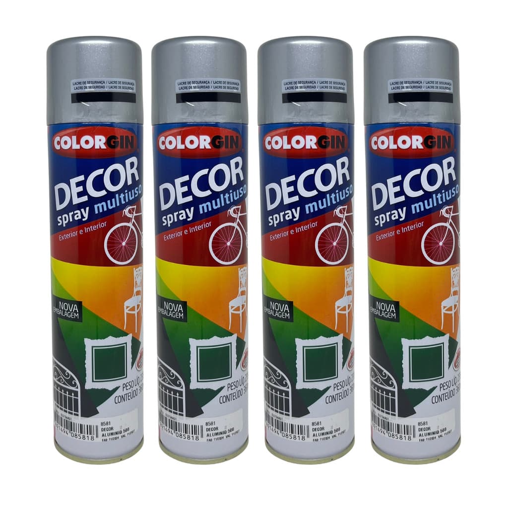 Kit 4 Tinta Spray Alumínio Decor 360ml 8581 Colorgin Multiuso Madeira Metal Vidro Plástico Artesanato Secagem Rápida