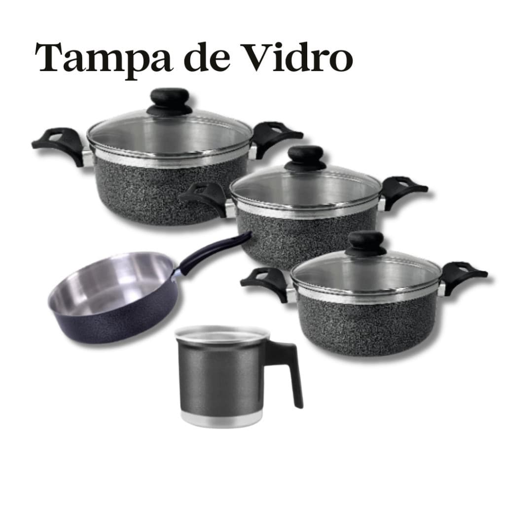 Kit de Panelas 5 Peças Preto com Tampa de Vidro – Panelas 16/18/20 + Frigideira N°20 + Caneco N°12