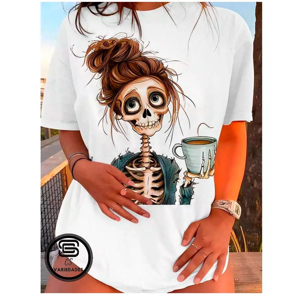 Camiseta Feminina Estampada Caveira Cafe Unissex Linha Premium Coffe Malha 100% Algodao 30.1