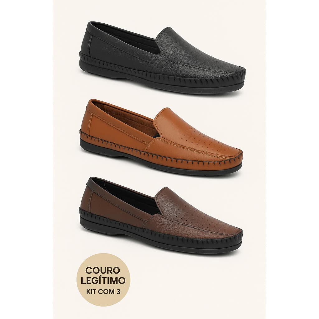 KIT 3 PARES DE MOCASSIM MASCULINO COURO LEGITIMO SAPATO COSTURADO ARTESANALMENTE DRIVE CONFORTO