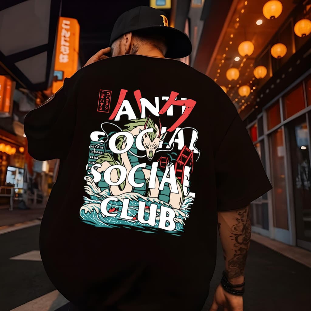 Camiseta Oversized Streetwear Camisa Masculina 100% Algodao Dia a Dia Anti Social Dragão