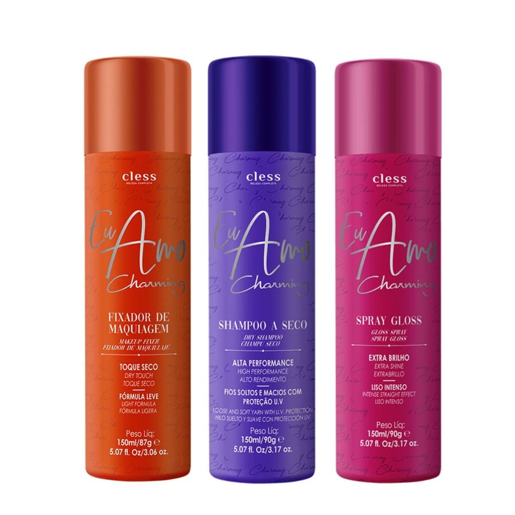 Kit Shampoo a seco + Fixador de maquiagem + Spray Gloss Eu Amo Charming