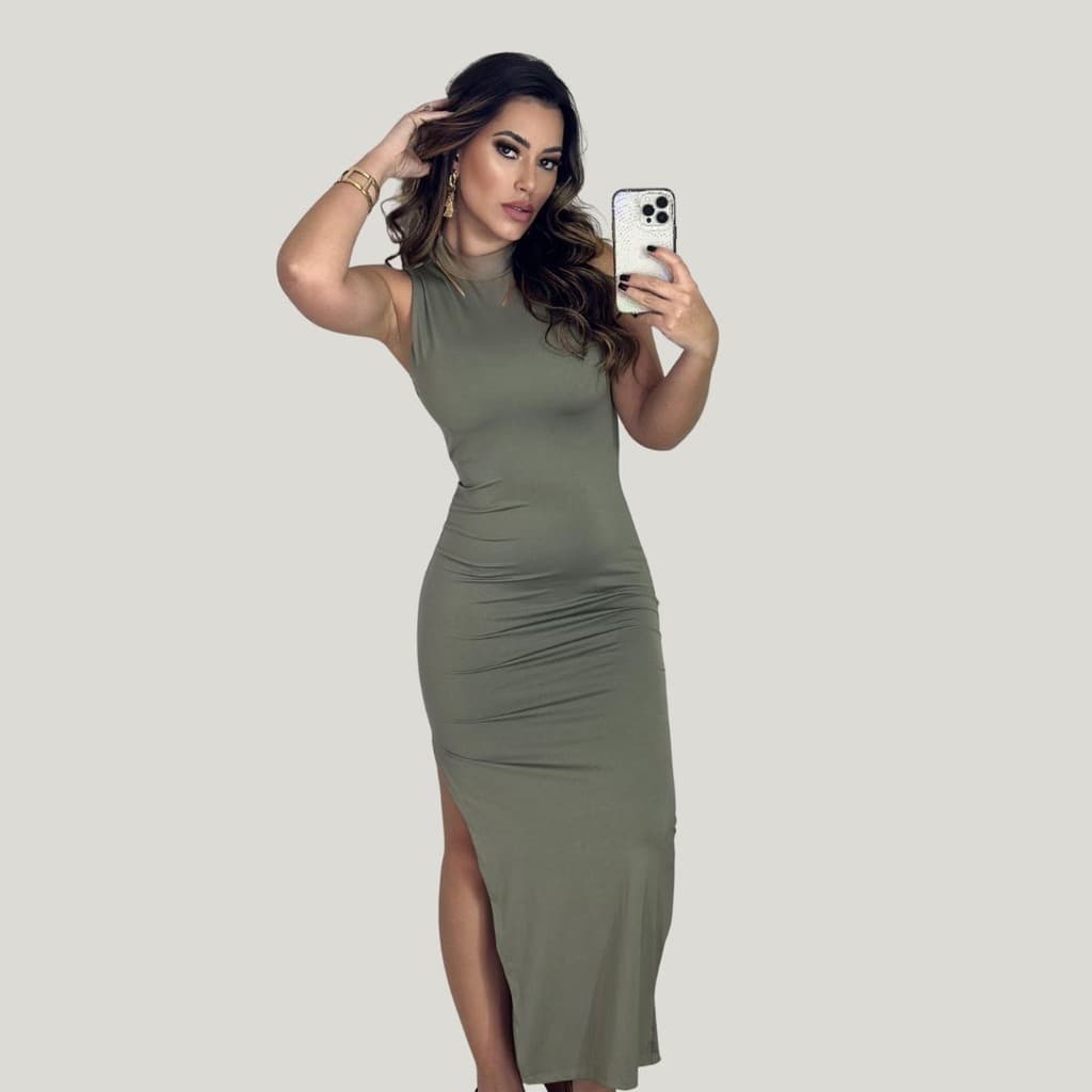 Vestido Longo Gola Alta Com Fenda Feminino Suplex Estiloso