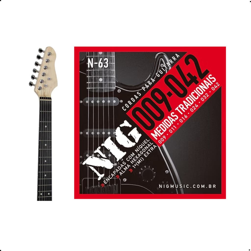 Encordoamento Guitarra Nig 0.09 N-63 Mi Extra e Palheta