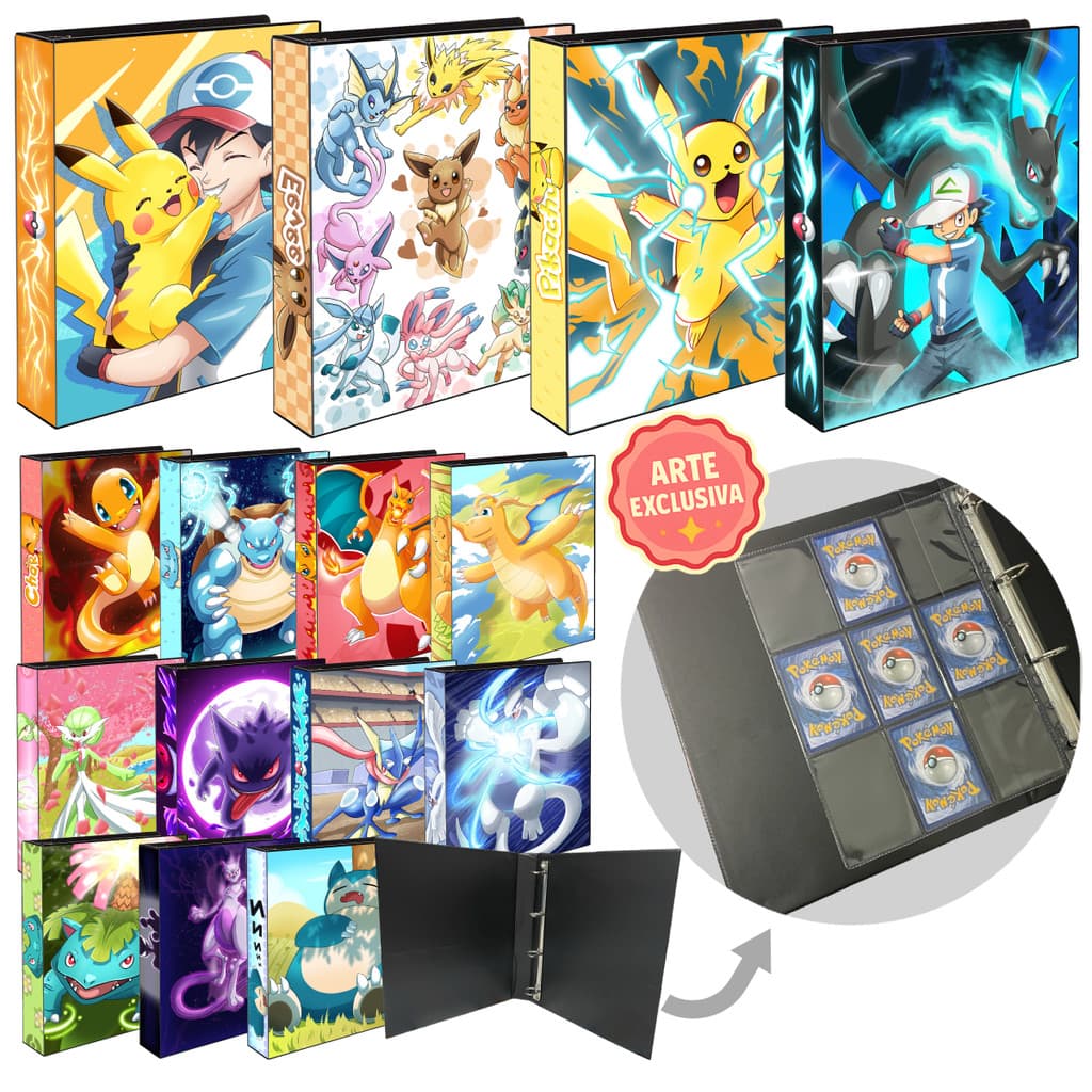 Fichário Álbum Pasta Pokémon Colecionador Capa Dura p/ Cartas TCG – Pikachu Gengar Charizard Eevee