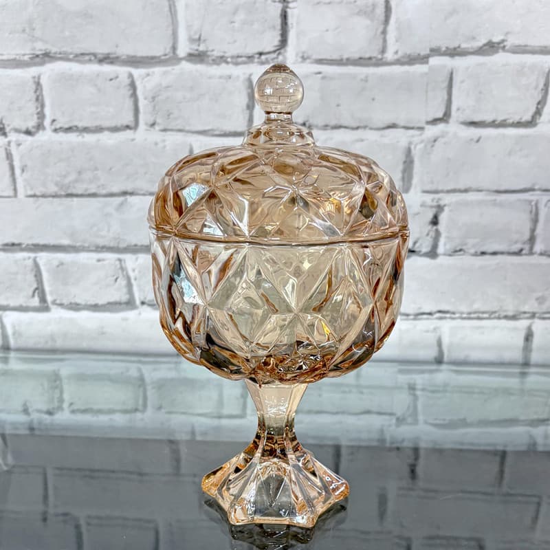 Centro De Mesa Vidro Bomboniere Dourado Com Pé E Tampa 24cm Yujing