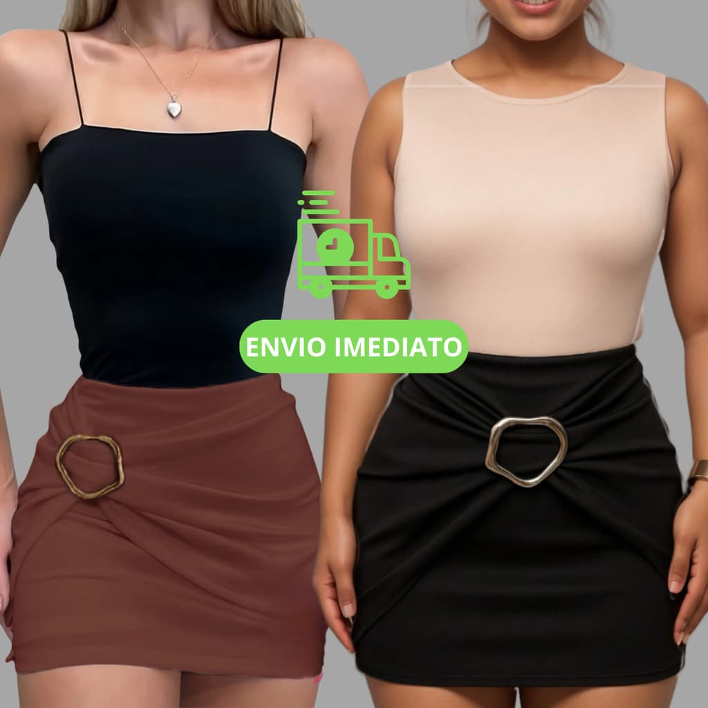 Short Saia Feminino com Detalhe de Fivela Cintura Alta Look Moderno Argola Colado Suplex Premium em Alta