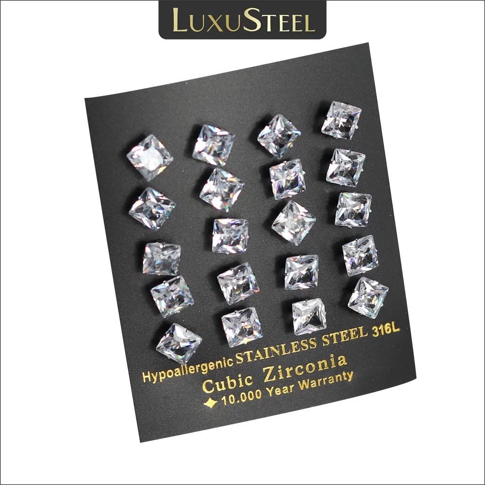 UM PAR  Luxo Cristal Brincos Para Mulheres Homens Cor Prata Aço Inoxidável Quadrado Cubic Zirconia 10mm