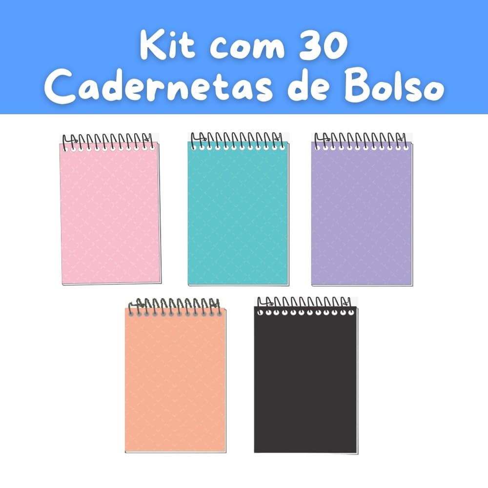 CADERNETA DE BOLSO KIT COM 30 UNIDADES CORES ÚNICAS OU SORTIDAS