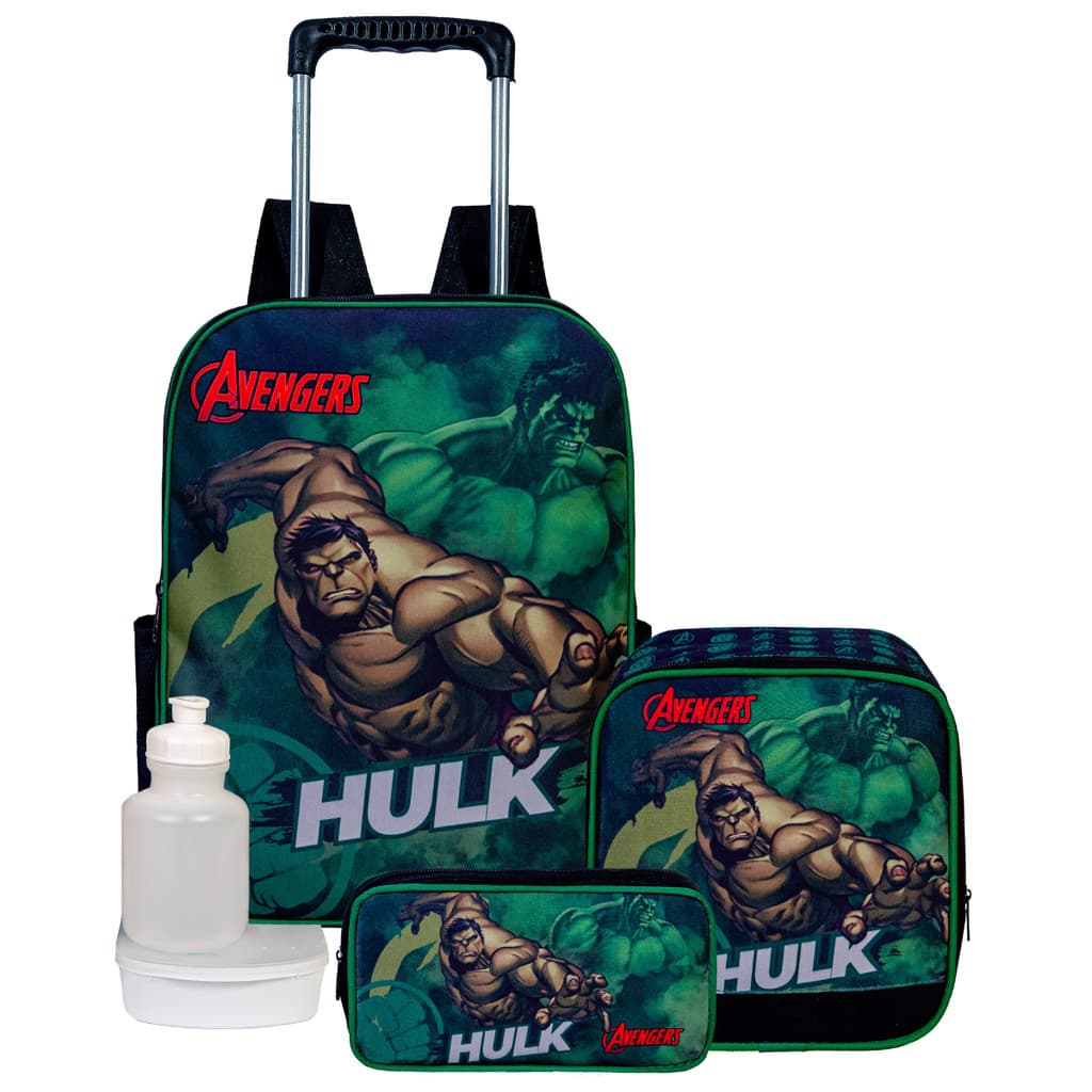 Kit Mochila Escolar Infantil De Carrinho De Hulk+Lancheira