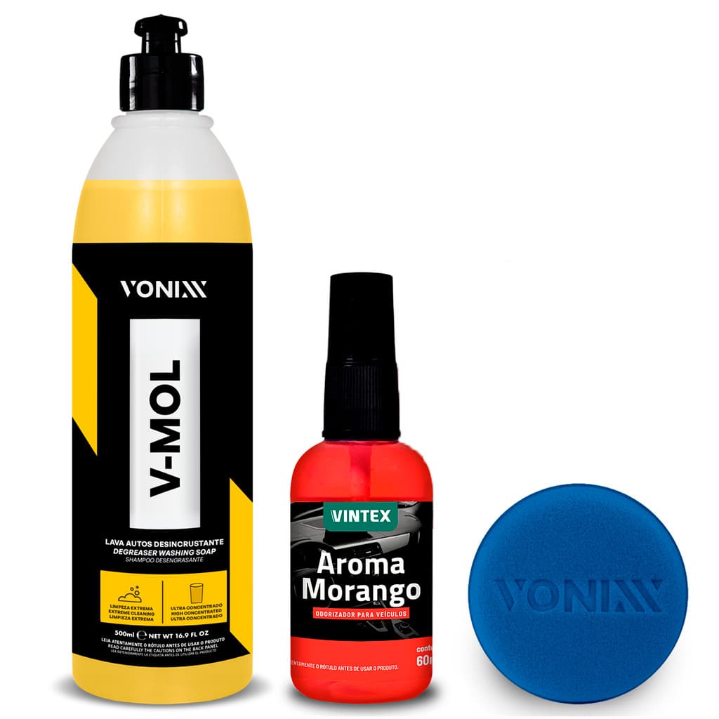 Shampoo Automotivo Vonixx V-Mol 500ml Lava Autos Carro + Arominha Morango Odorizador Automotivo Spray 60ml Aromatizante