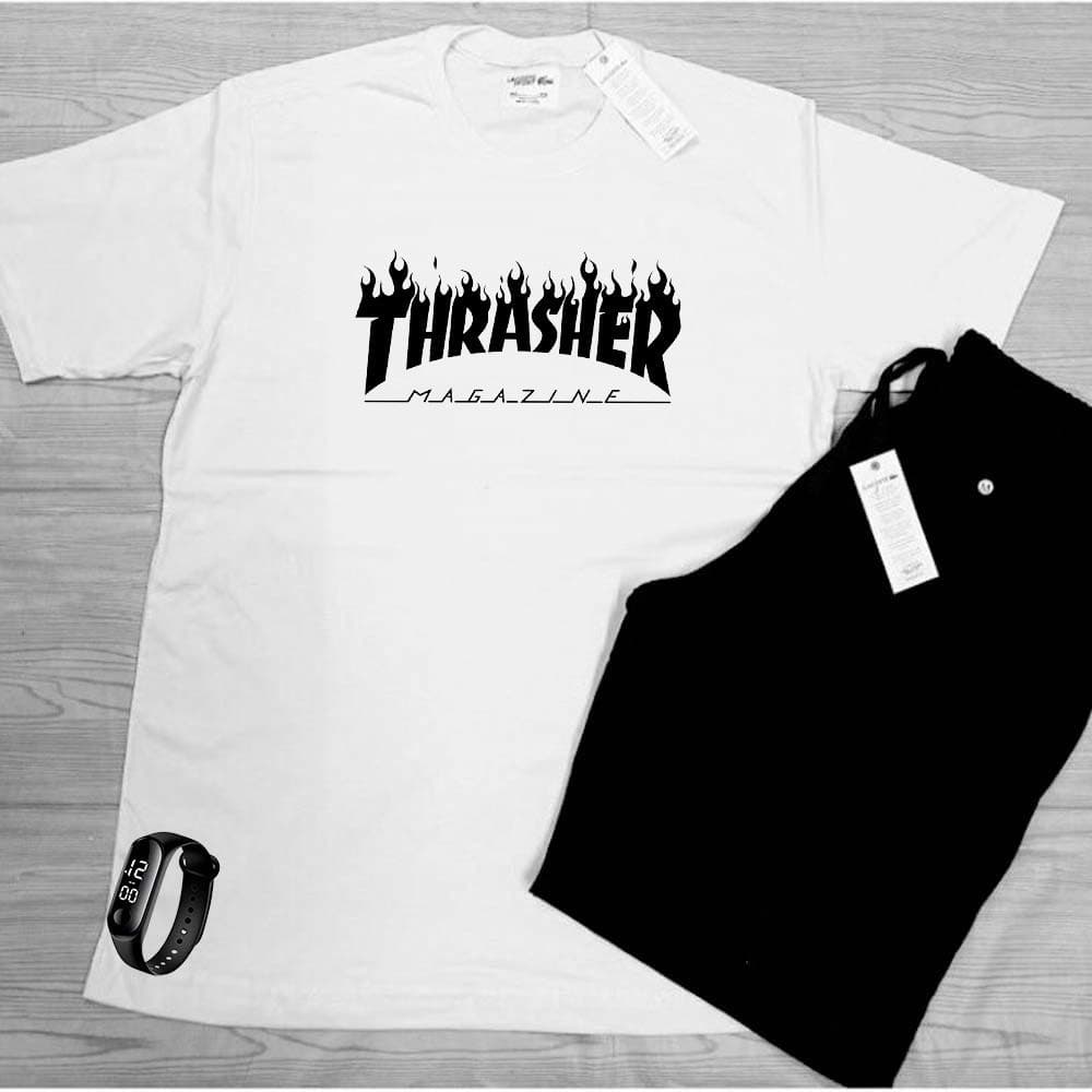 Kit Camiseta Algodão DTF Tumblr Thrasher + Short Tactel Bermuda + Relógio Digital de Brinde