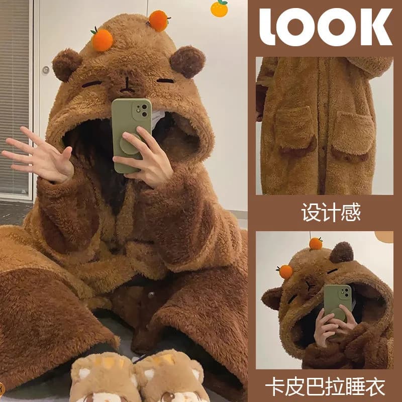 Bonito Capivara Inverno Pijama Macacão De Pelúcia Macio Dos Desenhos Animados Para Adultos Kawaii Veludo Pijama Night Ro