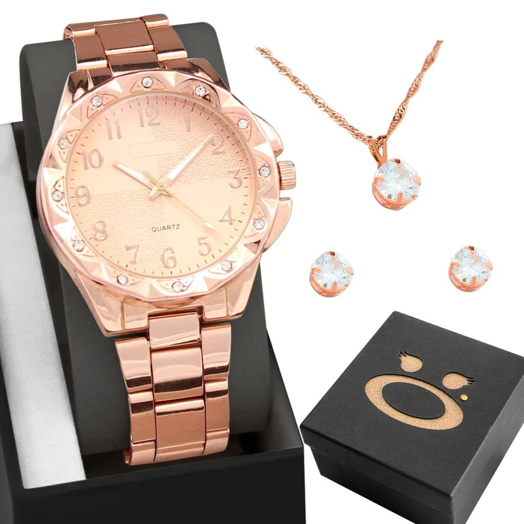 Relogio Rosé Aço Inox Feminino + Brinco Colar Strass + Caixa qualidade premium inoxidável casual