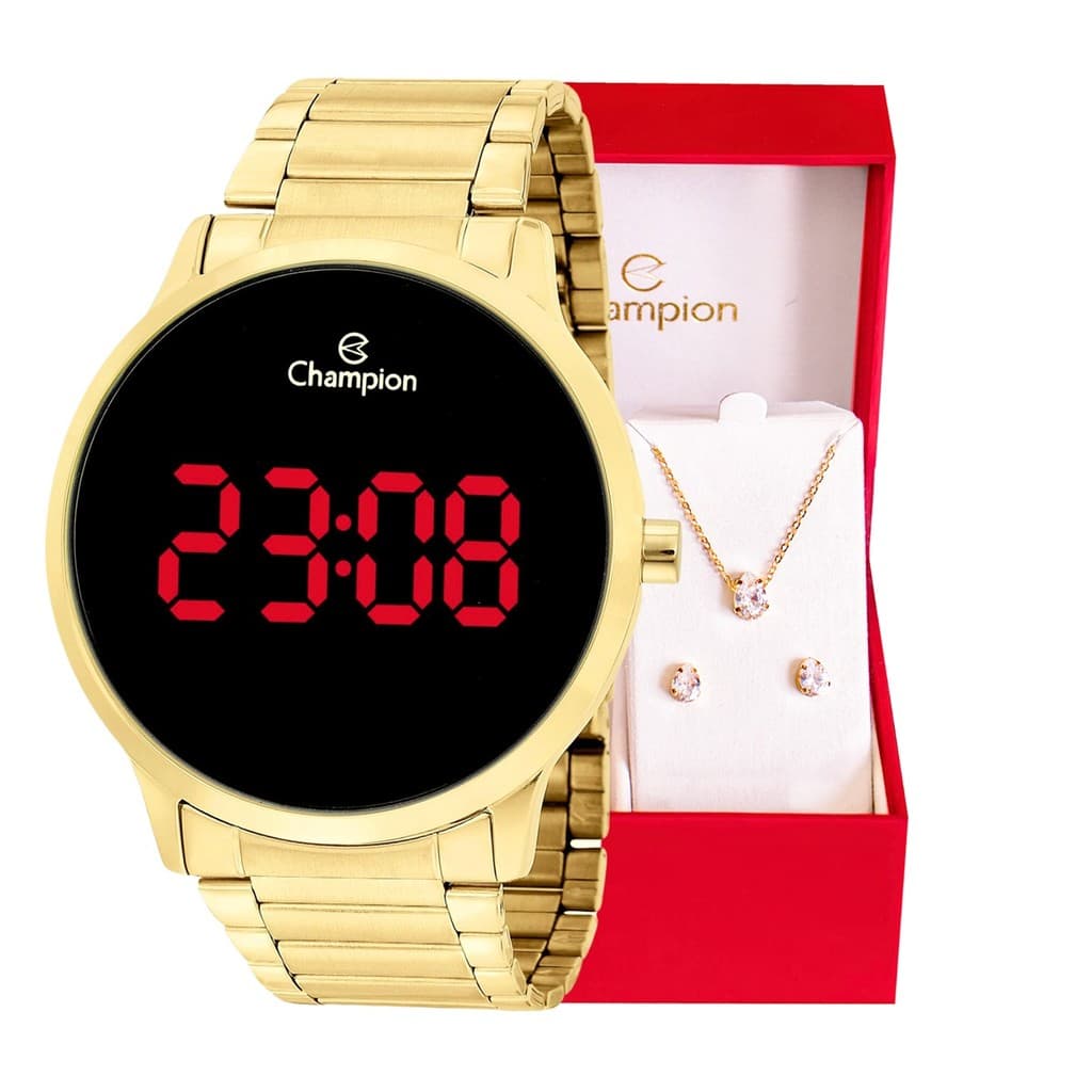 Relógio Champion Feminino Digital Dourado Original  CH40142H + Conjunto Colar e Brinco Original