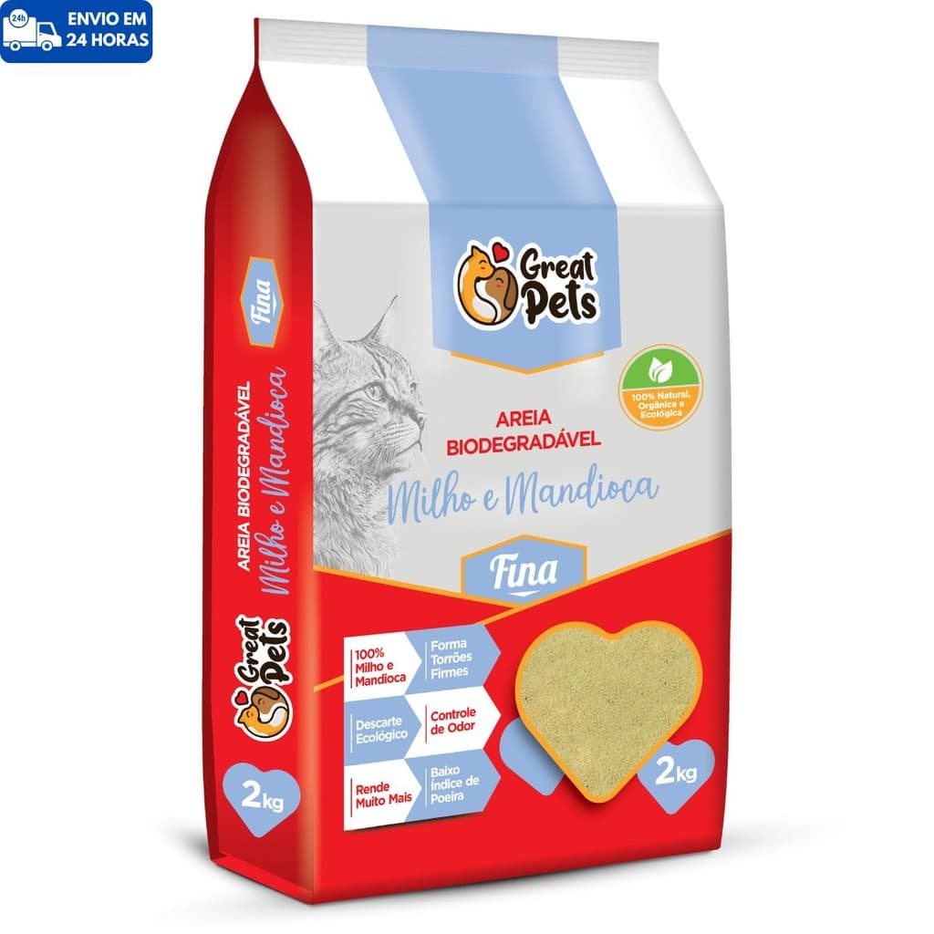 Areia Higiênica Gato Milho e Mandioca Biodegradável Grãos Finos Granulado Great Pets 2kg
