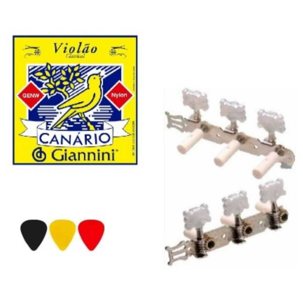 Encordoamento Cordas Violão Nylon Canário E Tarraxa Tarracha Pino Grosso 3 Palhetas