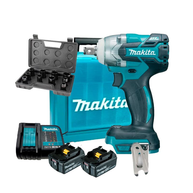 Chave de Impacto 1/2" Bateria 18V LXT Makita DTW300Z + Kit 2 Baterias 6Ah e Carregador Bivolt + Jogo de Soquete 10pc