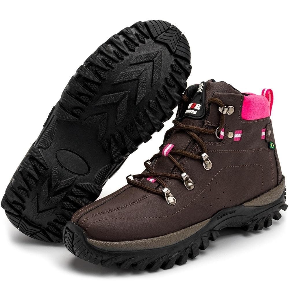 Bota Coturno Feminino Café com Rosa - Estilo com Glamour Motoboy Motociclista Adventure Serviço