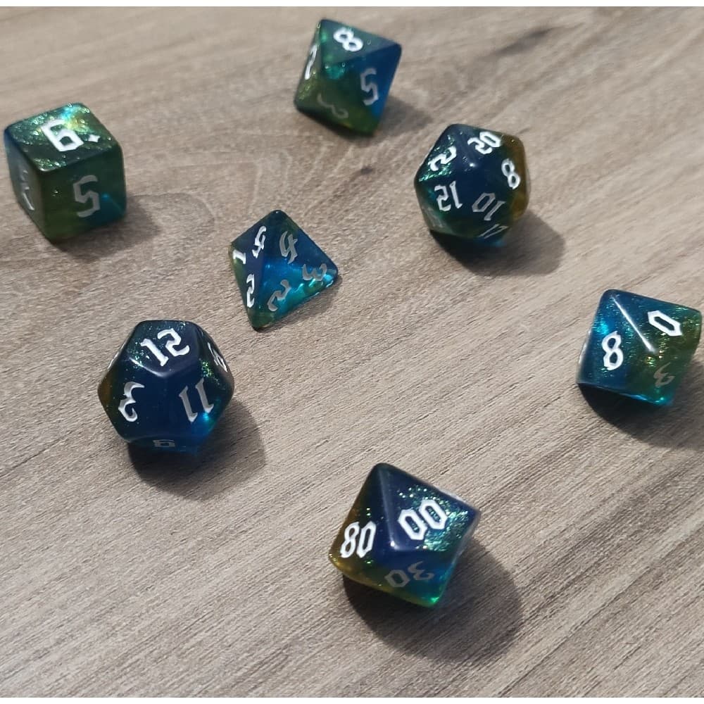 KIT 7 DADOS RPG DE MESA PAPEL AZUL OURO TRANSLUCIDO D4 D6 D8 D10 D12 D20 D100 D% COMPATIVEL D&D TORMENTA DOURADO