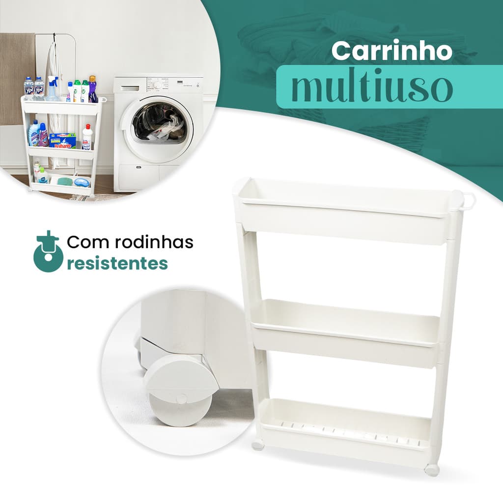 Armário 3 Prateleiras Com Rodízio Carrinho Organizador Porta Esmalte Lavanderia Cozinha