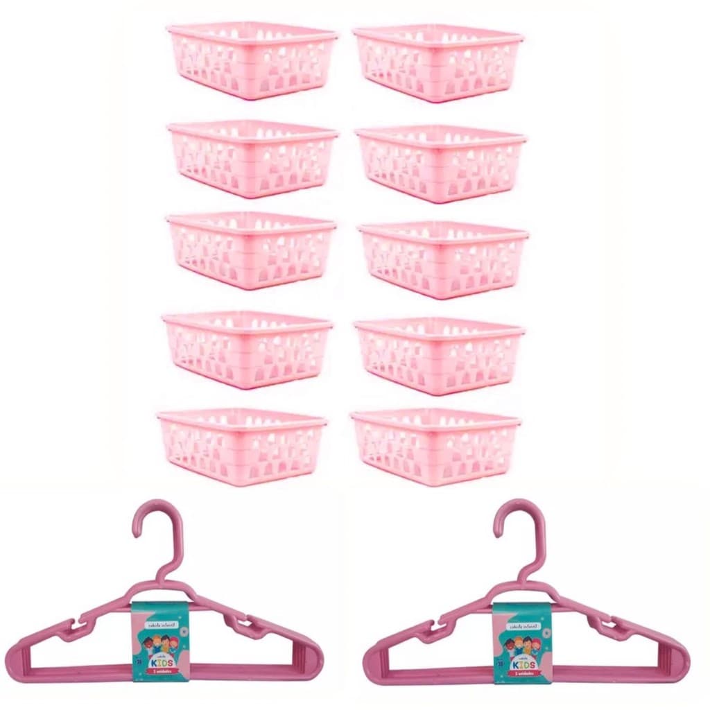 Kit 20 cabides premium e 10 cesto organizador multiuso pequeno 16x12x6Cm rosa branco azul
