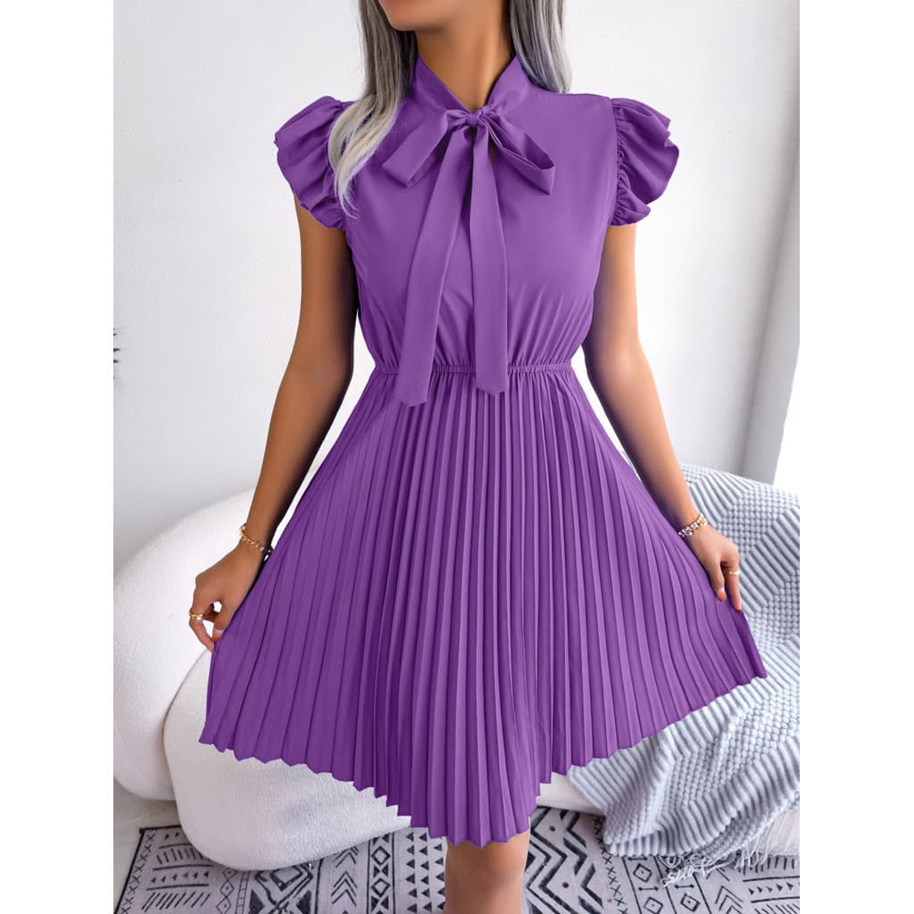 Vestido 2024 Cor Sólida Cintura Cinching Plissado Saia Comute Manga Ondulada Vestido Midi