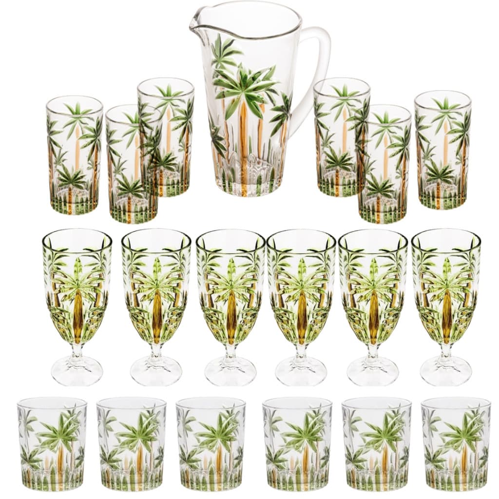 Kit Jarra com 6 Copos Altos Taças 450 ml e Copos Baixos 340ml Palm Tree Hand Paint Completo Verão
