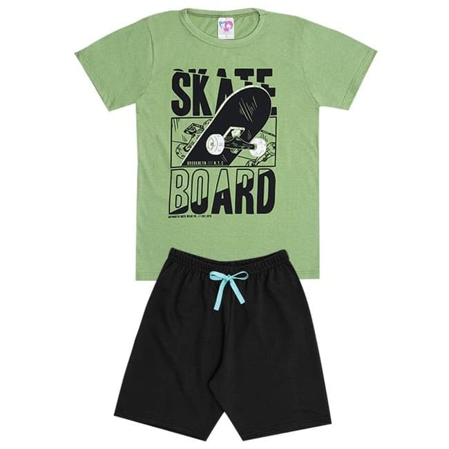 Conjunto de Verão Infantil Masculino Blusa Verde e Shorts Skateboard - KK Kids