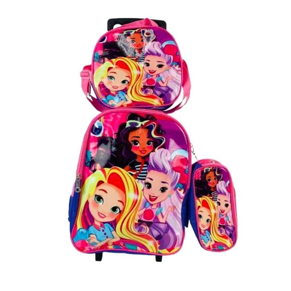 Kit Mochila Infantil Meninas Rodinhas Princesas Escolar Estojo Lancheira Térmica Bolsa Rosa