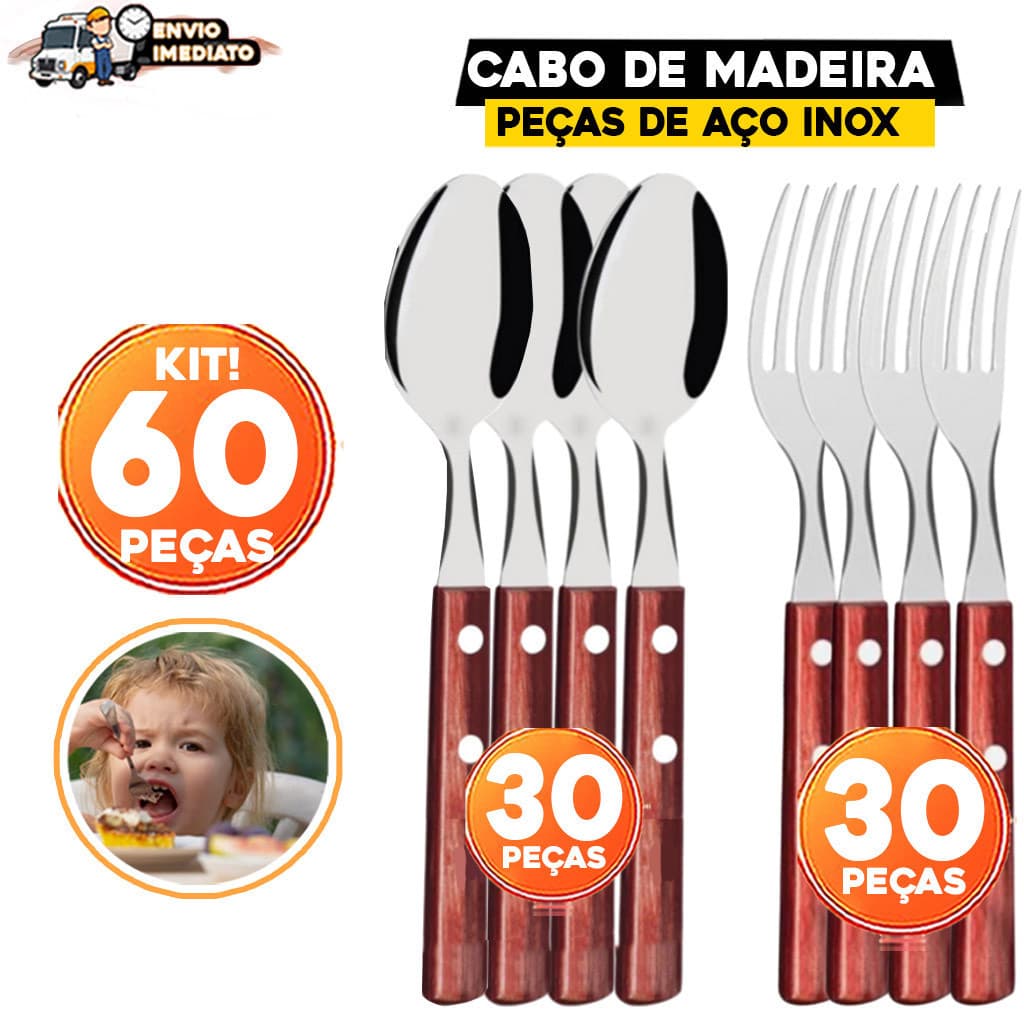 Jogo de Talher Cabo de Madeira 60/30 peças Aço Inox Garfos e Colheres de Mesa Wood