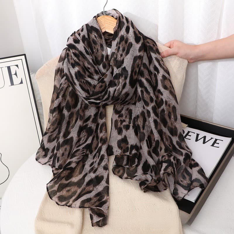 Lenço de Algodão e Linho Balinês com Estampa de Leopardo Vintage, Quente, Proteção Solar, Xale Estiloso e Moderno, Aquec