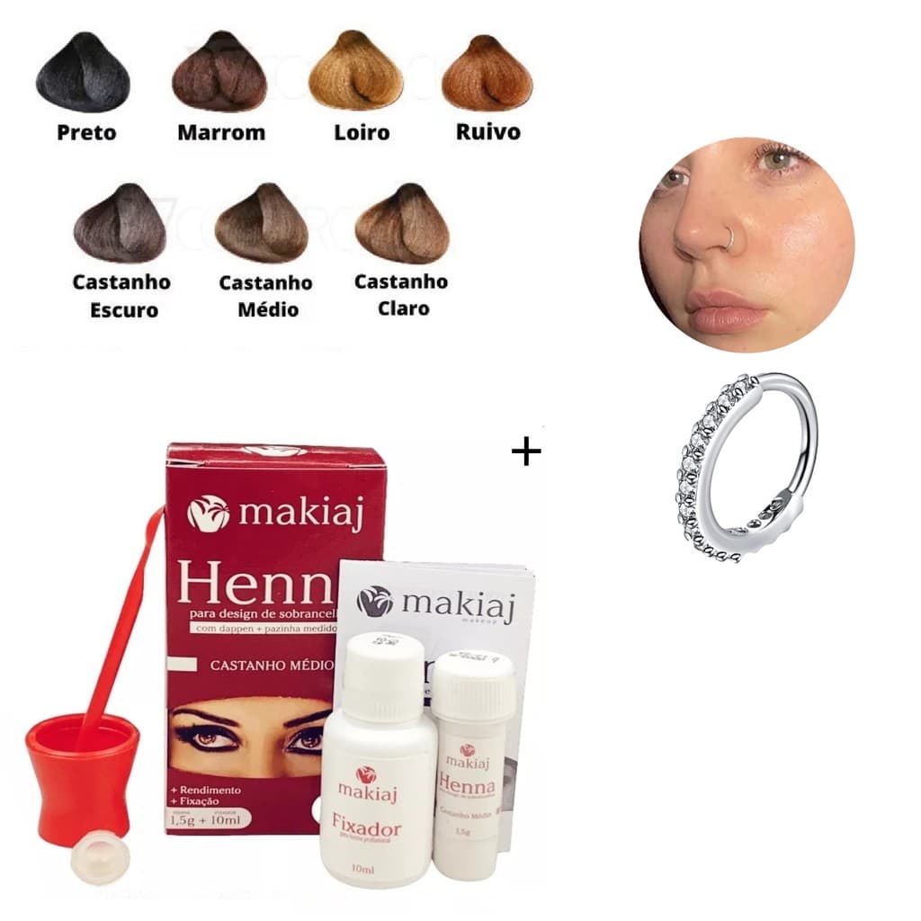 Conjunto Sobrancelha Henna Makiaj Complete Fixing Gel 7 Cores 1 Henna + 1 Argola De Nariz De Zircônia