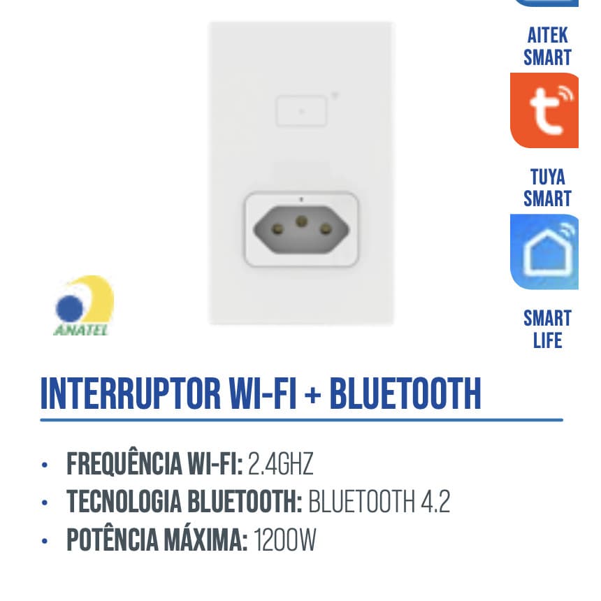 INTERRUPTOR INTELIGENTE WIFI TOUCH 1 TECLA COM TOMADA BRANCO APP TUYA SMART LIFE ALPHA-110-1 AITEK
