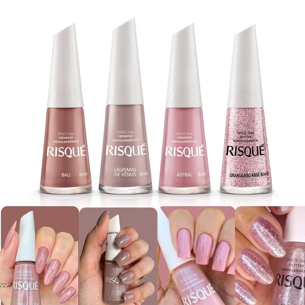 Kit 4 Esmalte Risque Tons Nudes Rosa Cremoso Esmalte Atacado